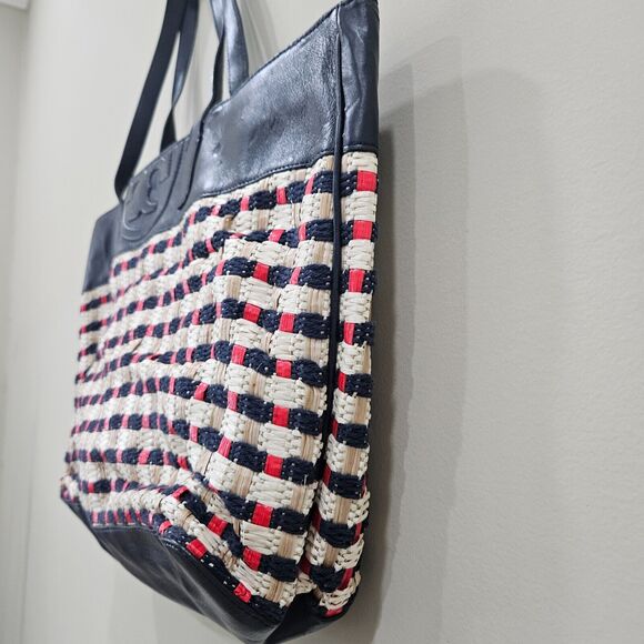 Tory Burch Raffia Woven Straw Leather Tote Bag Multicolor Picnic Beach Casual - Picture 7 of 16